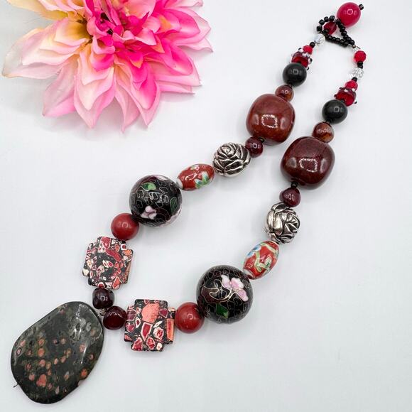 Handmade Chunky Beaded Necklace Unakite Cloisonné Ceramic Glass Eclectic Heavy - Picture 2 of 16
